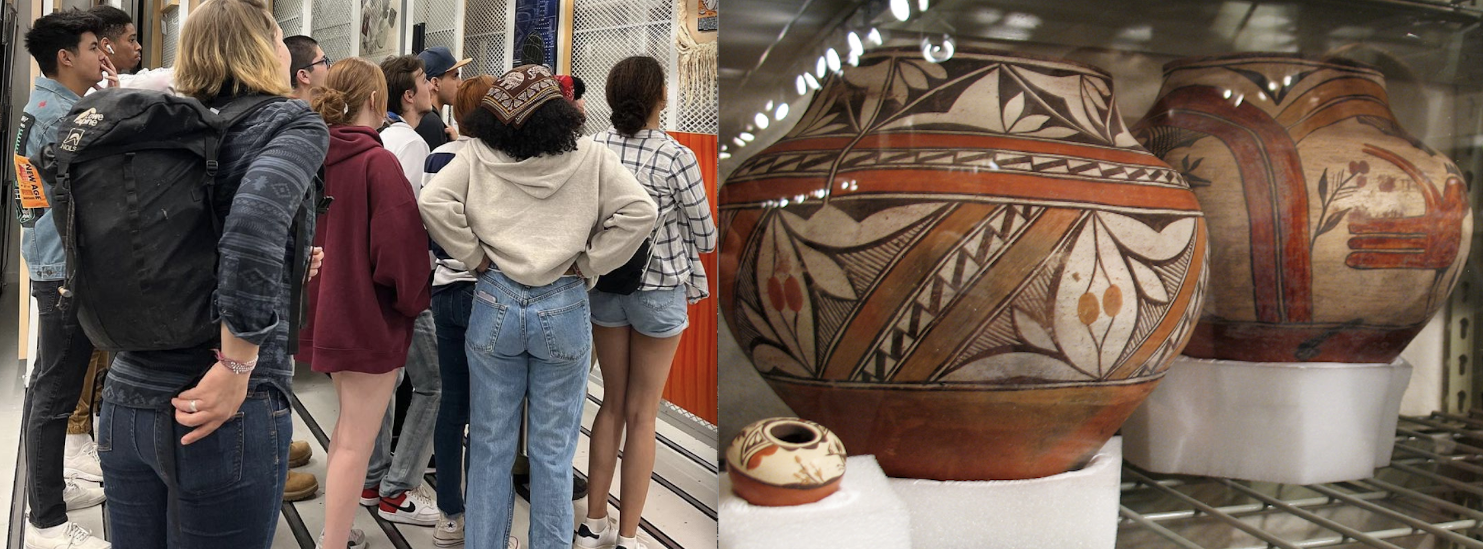students looking at art, pottery