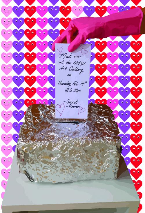 Gloved hand sticking a note in a foil box surrounded by hearts