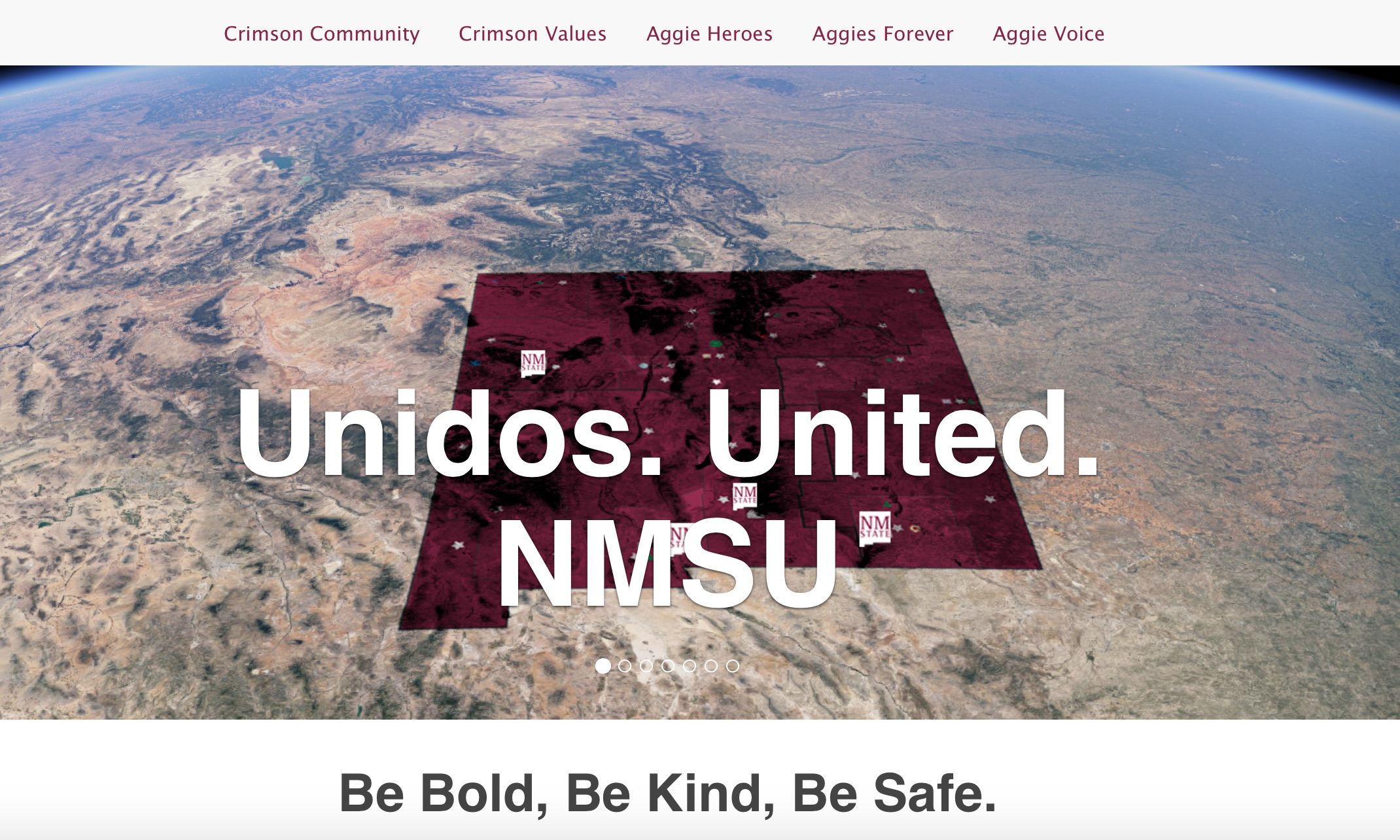 Screenshot of website with state of New Mexico outlined in Crimson with text Unidos. United. NMSU in white.