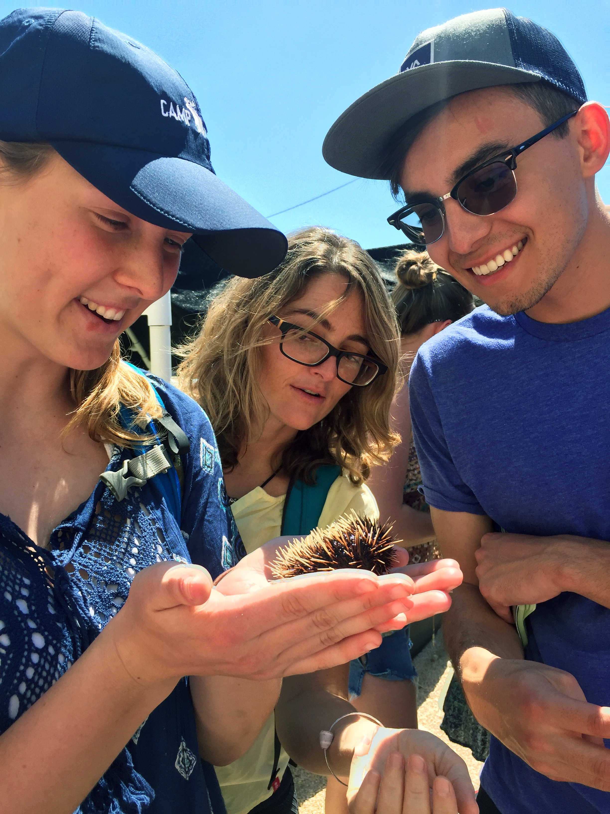Students examining a sea urchin in a woman's hand